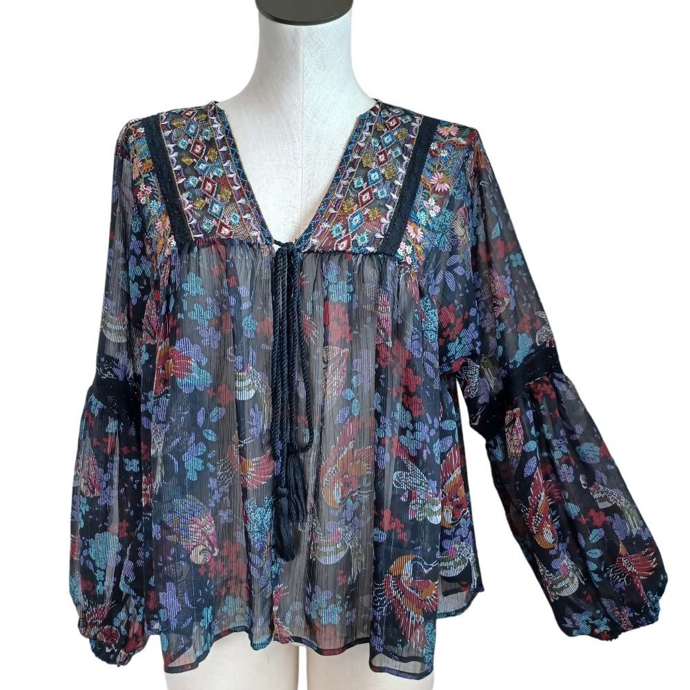 JW Style Top Semi Sheer Embroidered‎ Tie Front Topper Womens size Small